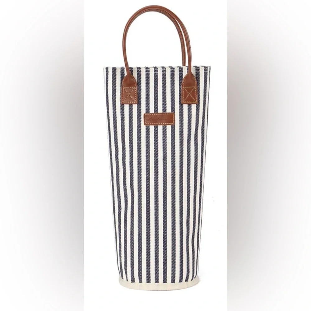 Navy Striped Wine Tote with Leather Handles